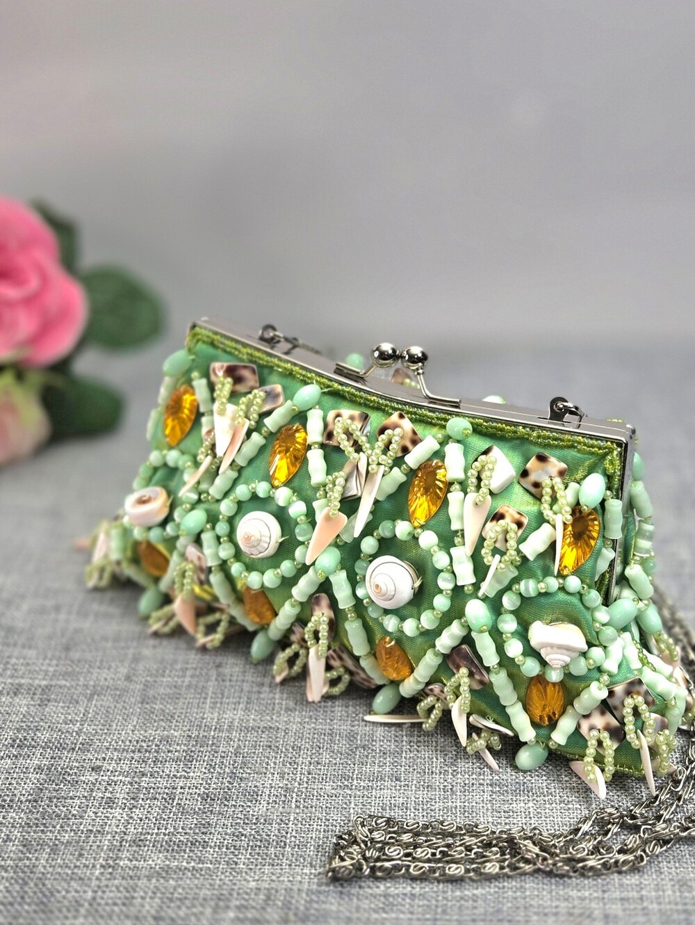 Joy London Green Beaded Shell Clutch Bag - Embellished Evening Purse with Chain